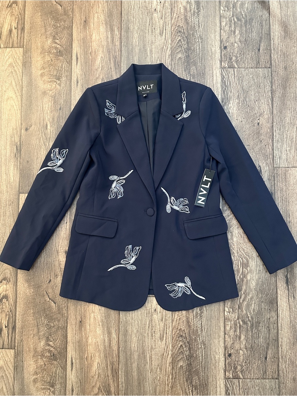 NVLT Embellished Flowers Classic One-Button Blazer Women’s Size XS Navy Blue